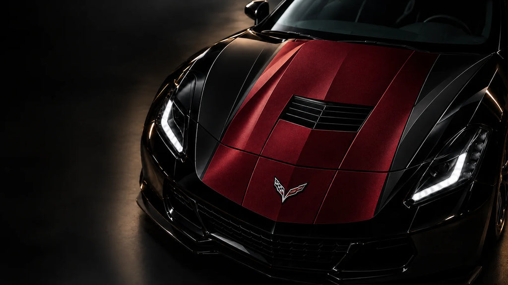 Bordeaux satin car wrap on the hood of a black sports car