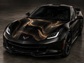 Champagne linework car wrap on the hood of a black sports car