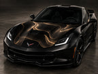 Champagne linework car wrap on the hood of a black sports car