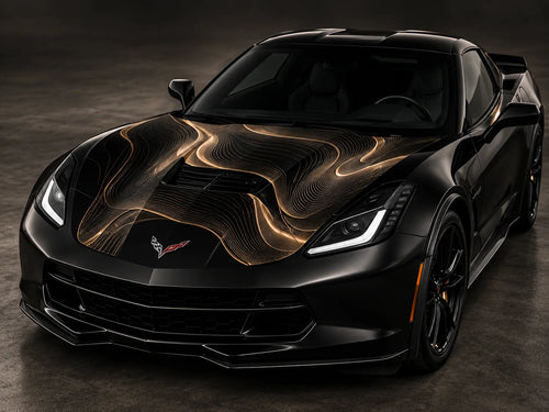 Champagne linework car wrap on the hood of a black sports car