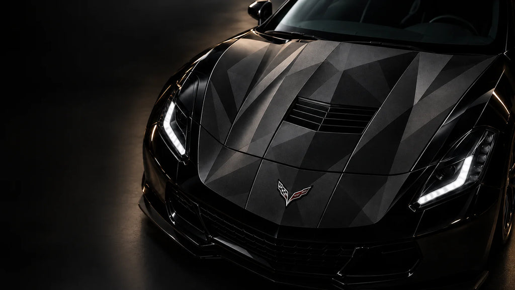 Shadow geometry car wrap on the hood of a black sports car