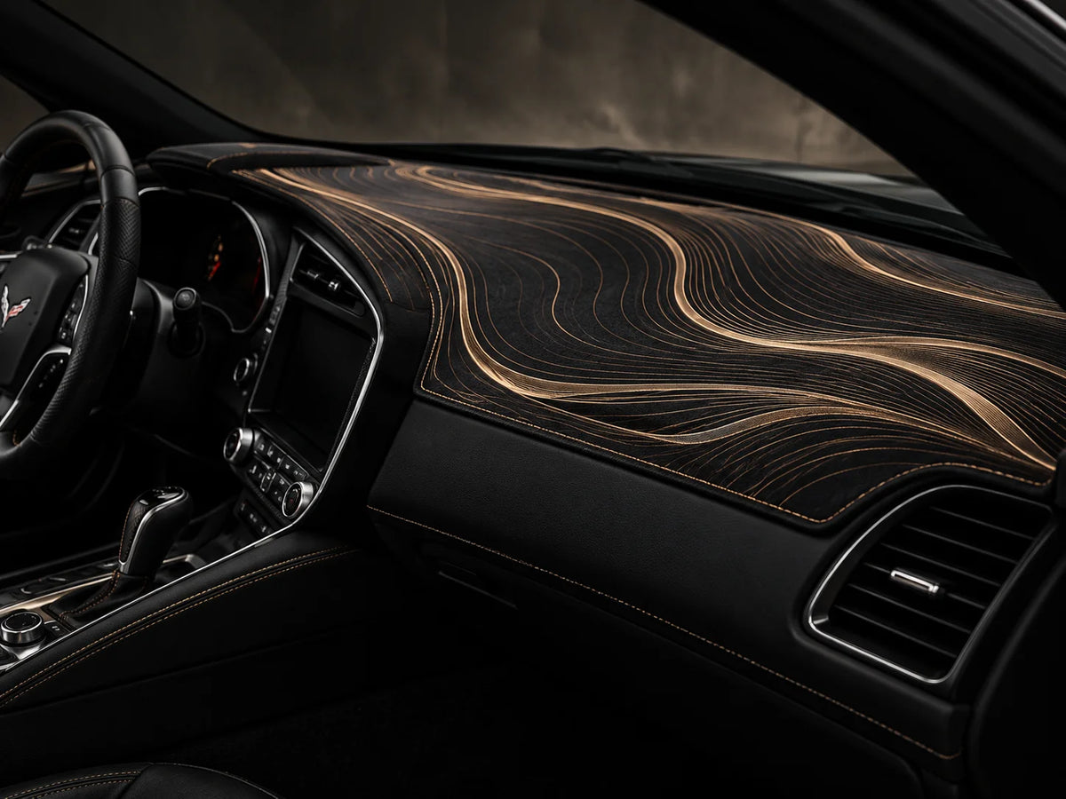 Champagne wave dashboard mat fitted in a car's cabin