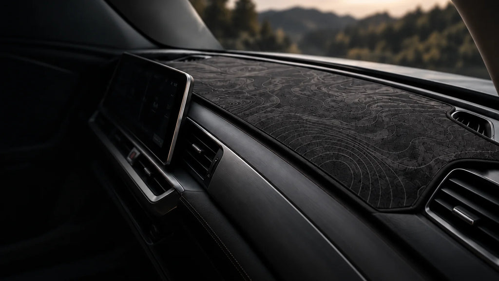 Graphite contour dashboard mat fitted in a car's cabin