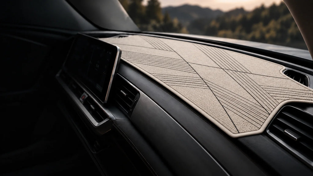 Ivory geometric dashboard mat fitted in a car's cabin
