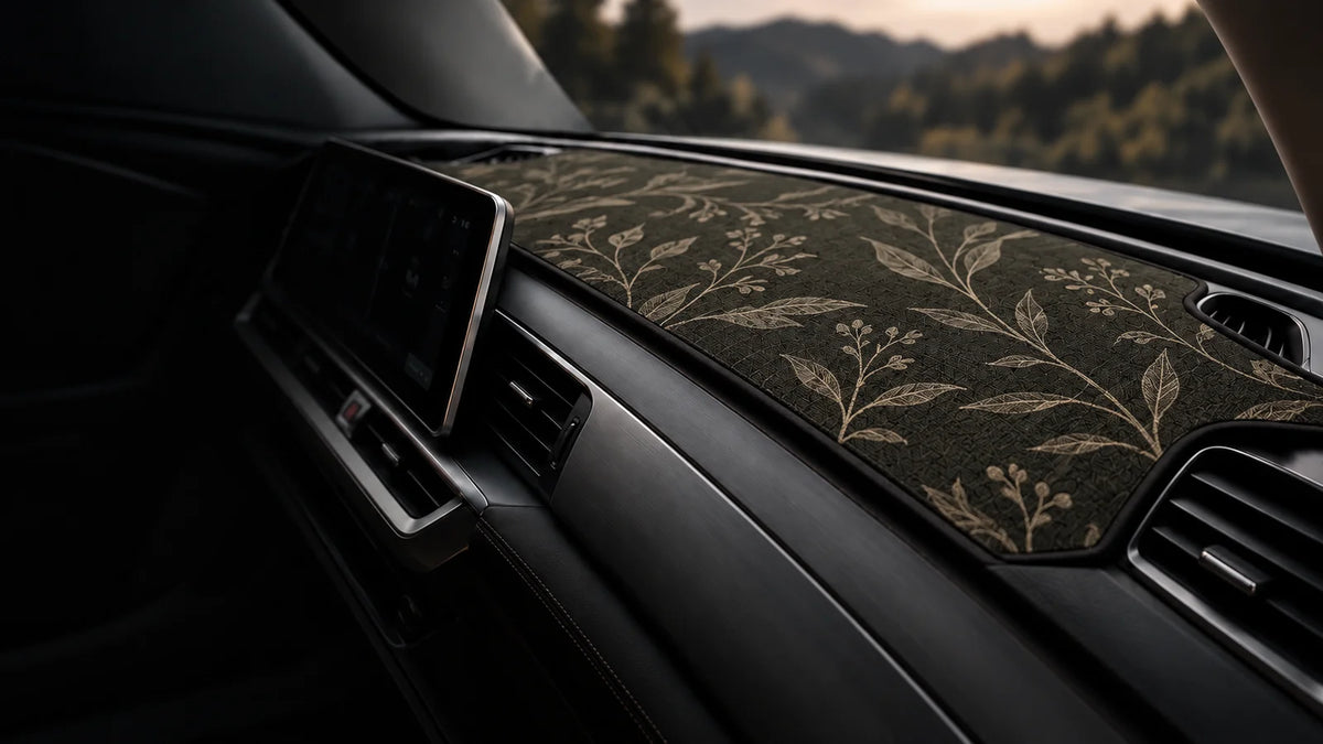 Olive botanical dashboard mat fitted in a car's cabin